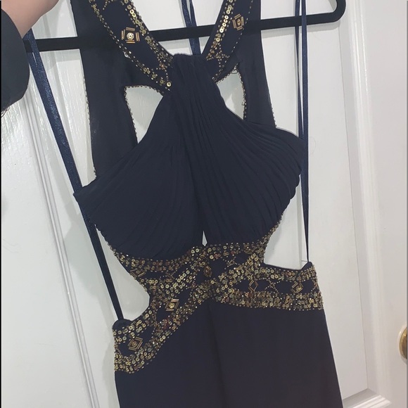 Laura Luxurious Dark Blue Long Dress Open Back with Gold Crystals - Picture 1 of 13